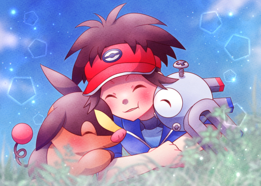 ambiguous_gender animate_inanimate blush carrying cloudscape cuddling detailed detailed_background digital_drawing_(artwork) digital_media_(artwork) eyes_closed feral friends grass group happy human larger_human larger_male lying magnemite male mammal nate_(pok&eacute;mon) nintendo on_front on_shoulder open_mouth particles plant pok&eacute;mon pok&eacute;mon_(species) size_difference sky smaller_ambiguous smaller_feral suina tepig tokusa403 video_games
