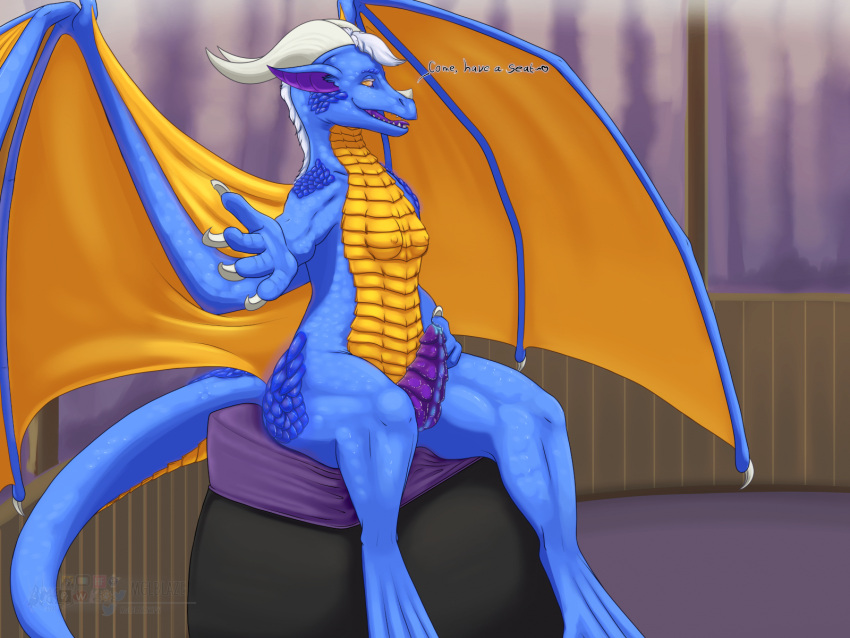 4:3 anthro blue_body blue_scales breasts claws crossgender dragon english_text ftg_crossgender fti_crossgender genitals glowing glowing_eyes glowing_genitalia glowing_precum gynomorph hair herm hi_res horn intersex inviting k'sara large_wings lube membrane_(anatomy) membranous_wings mglblaze nude orange_body orange_eyes orange_scales penis scales sitting small_breasts solo text white_hair wings