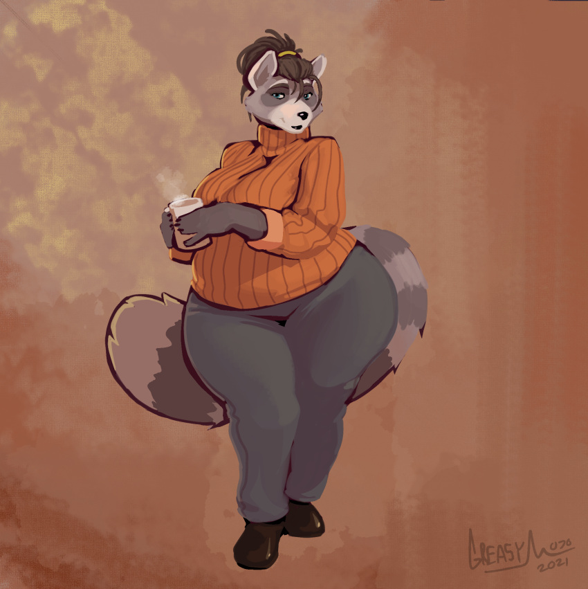2021 anthro big_breasts biped black_nose bottomwear breasts clothing curvaceous curvy_figure female greasymojo hair hi_res mammal markings mug ponytail procyonid raccoon ring_(marking) ringtail solo sweater tail_markings thick_thighs topwear voluptuous wide_hips