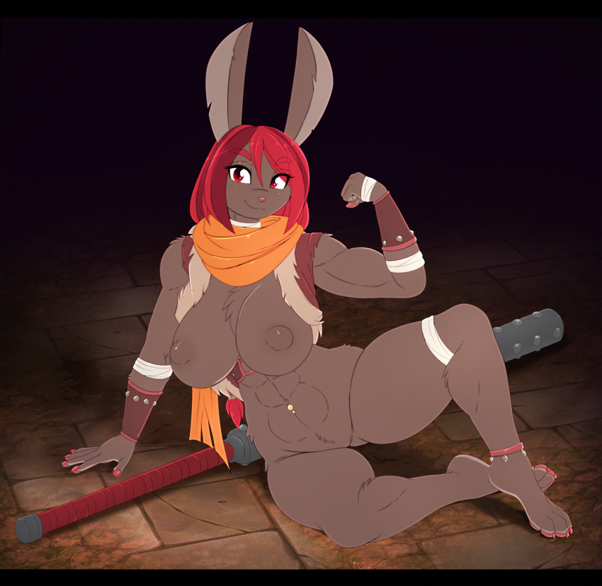 abs anthro big_breasts breasts chest_tuft featureless_crotch female flexing hair hi_res lagomorph leporid mammal matypup muscular muscular_female navel navel_piercing nude piercing rabbit red_hair solo tuft