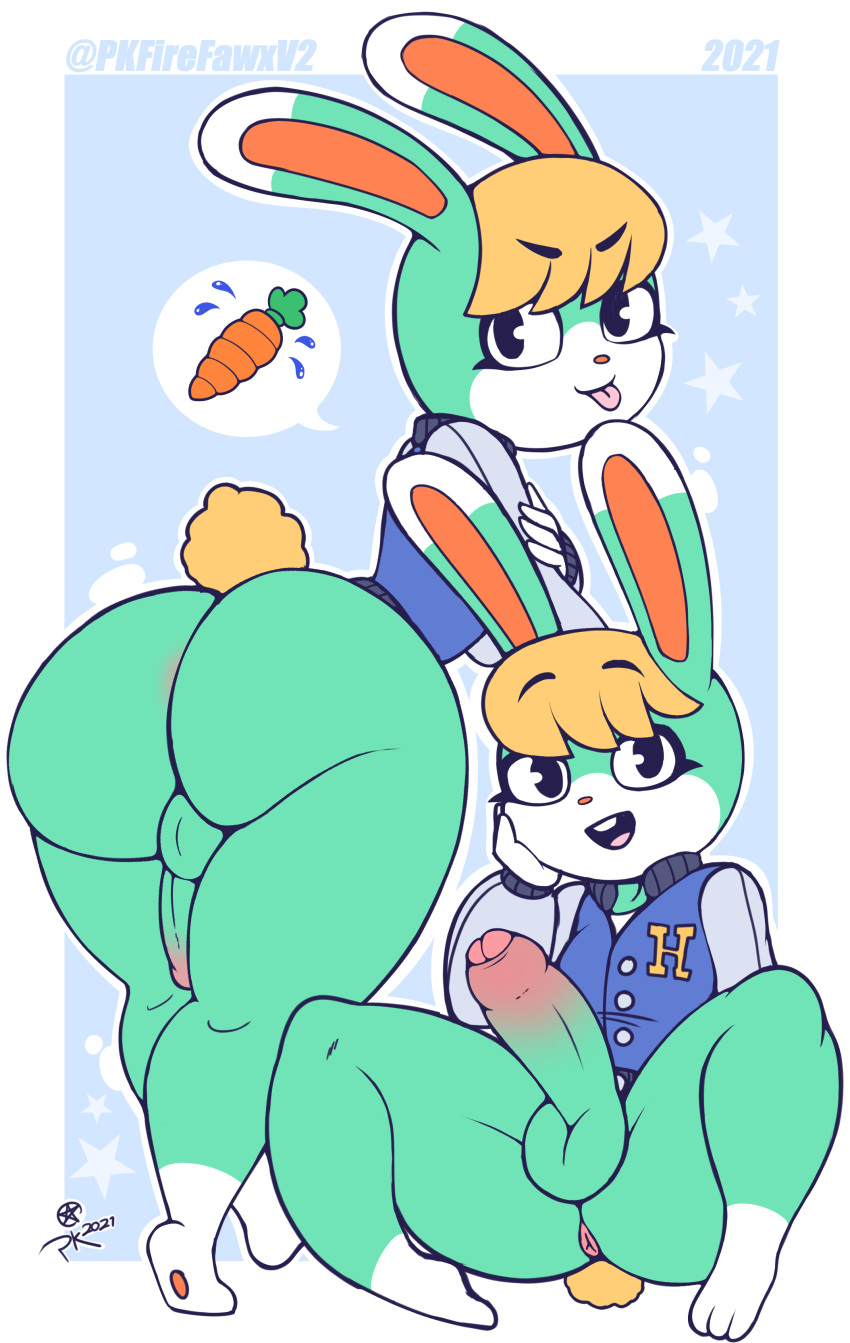 absurd_res animal_crossing anthro anus big_butt blonde_hair bottomless butt carrot clothed clothing digital_media_(artwork) food foreskin fur genitals girly green_body green_fur hair hand_on_face hi_res lagomorph leg_markings leporid letterman_jacket male mammal markings nintendo penis pkfirefawx plant rabbit sasha_(animal_crossing) smile socks_(marking) solo thick_thighs tongue tongue_out topwear topwear_only vegetable video_games white_body white_fur wide_hips yellow_tail