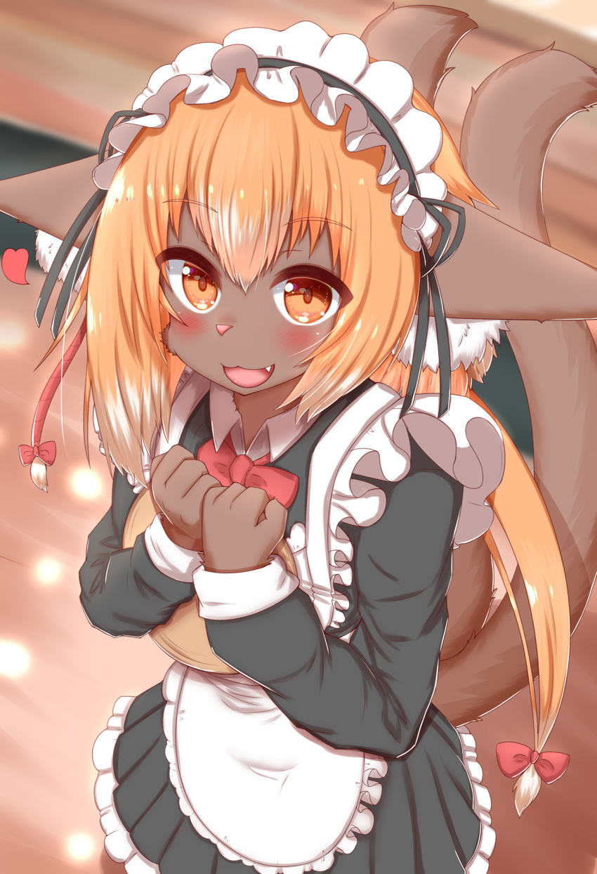 &lt;3 2021 2_tails 4_fingers accessory anthro blurred_background blush brown_body brown_fur cheek_tuft clothed clothing crossdressing cute_fangs domestic_cat facial_tuft felid feline felis fingers fur girly hair hair_accessory hair_bow hair_ribbon hi_res holding_object horokusa0519 inner_ear_fluff kemono looking_at_viewer maid_apron maid_headdress maid_uniform male mammal multi_tail multicolored_hair open_mouth orange_eyes orange_hair pink_nose portrait ribbons solo three-quarter_portrait tongue tray tuft uniform white_hair