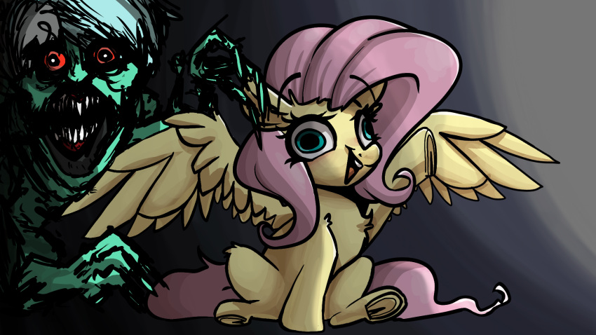 16:9 anthro duo equid equine female fluttershy_(mlp) friendship_is_magic gradient_background hasbro hi_res horn horror_(theme) long_fingers looking_at_viewer mammal monster my_little_pony nightmare_fuel pegasus red_eyes sharp_teeth simple_background sitting smile spread_wings teeth ugly_bastard unicorn widescreen wings witchtaunter