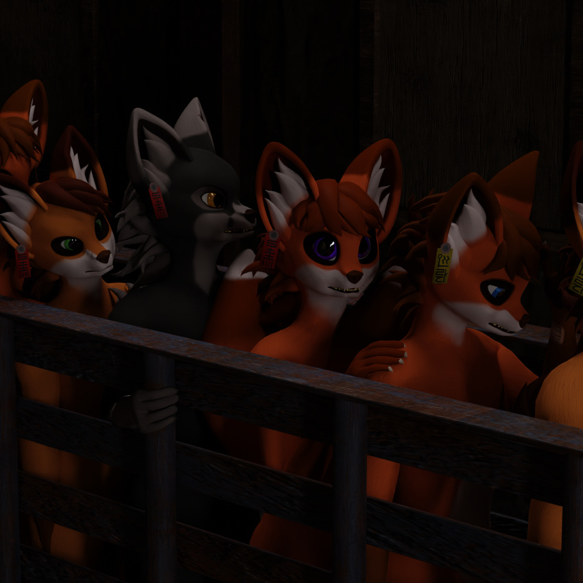 1:1 3d_(artwork) ainu_(echodolls) ambiguous_gender anthro brown_hair canid canine constructed_language digital_media_(artwork) ear_tag echodoll echodolls echodolls_(band) female_(lore) fox fur group hair hi_res humanoid inside lafoyan livestock maco_(echodolls) male_(lore) mammal orange_body orange_fur paceng_(echodolls) sierre_(echodolls) slaughterhouse text trans_(lore) trans_woman_(lore) translated white_body white_fur