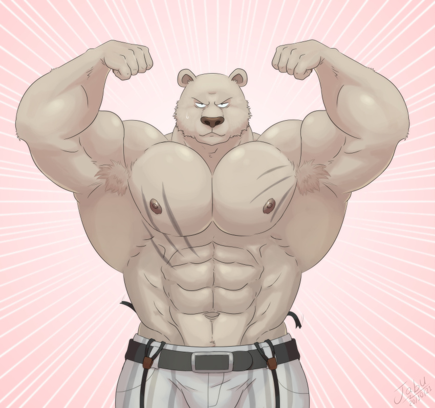 2021 abs absurd_res anthro armpit_hair barazoku beastars belt biceps big_muscles body_hair bottomwear clothed clothing dated emanata flexing front_view fur hi_res huge_muscles jabuhusky looking_at_viewer male mammal muscular muscular_anthro muscular_male narrowed_eyes navel nipples obliques pants pecs riz_(beastars) scar signature simple_background solo suspenders tan_background topless topless_male torn_clothing torn_suspenders tuft ursid