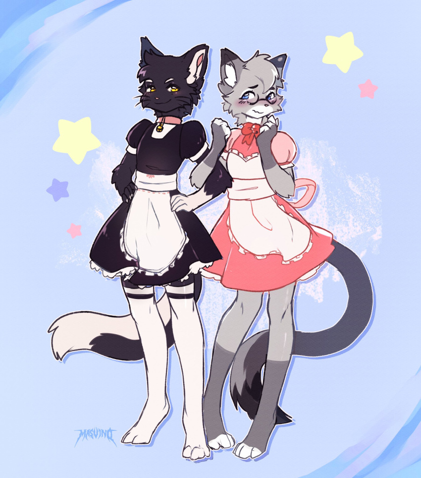 anthro bell bell_collar black_body blue_eyes blush bow_ribbon clothed clothing collar confident digital_media_(artwork) dipstick_tail domestic_cat duo egyptian_mau entwined_arms eyewear felid feline felis girly glasses grey_body hair hi_res legwear maid_apron maid_uniform maiddress male male/male mammal markings masvino nixuelle ribbons shy simple_background smile smirk spots spotted_markings stockings tail_markings thigh_highs uniform yellow_eyes