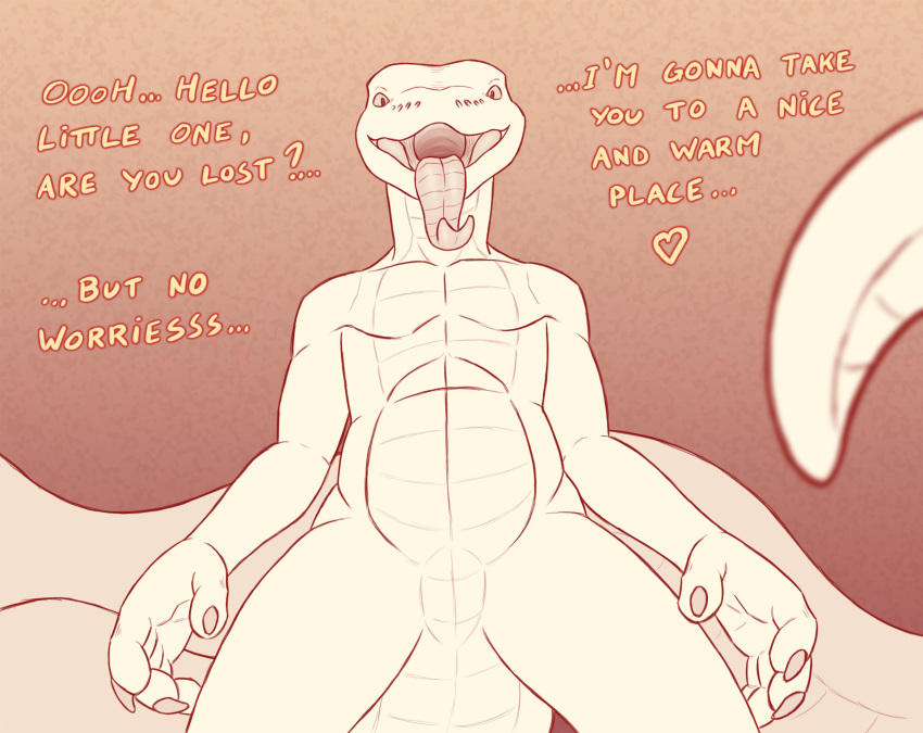 anthro chokodonkey claws dialogue english_text hi_res imminent_vore low-angle_view male open_mouth reptile scalie snake solo text tongue tongue_out zhao