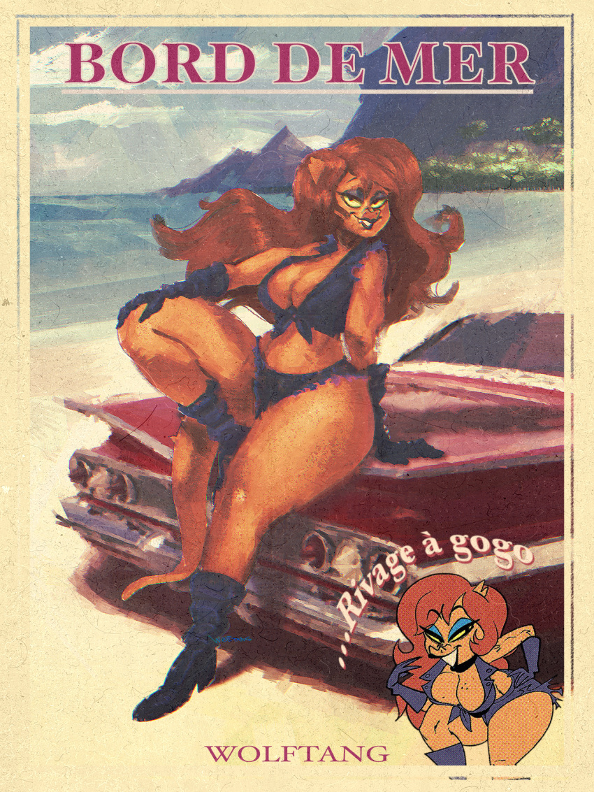 3:4 anthro beach bedroom_eyes boots breasts car cartoon_network cleavage clothed clothing cosma_(ok_k.o.!_lbh) eyeshadow female footwear gloves hair handwear hi_res lizard looking_at_viewer makeup narrowed_eyes ok_k.o.!_let's_be_heroes orange_body orange_scales outside poster red_hair reptile scales scalie seaside seductive shirt smile solo thick_thighs tied_shirt topwear vehicle wolftang yellow_sclera