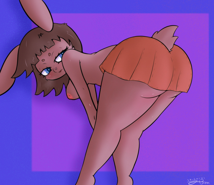 anthro bent_over big_butt blue_eyes blush bottomwear breasts brown_hair butt cecelia_(tsoup) clothing female hair hi_res lagomorph legomorph leporid looking_back mammal rabbit raised_tail simple_background skirt solo thick_thighs tsoup