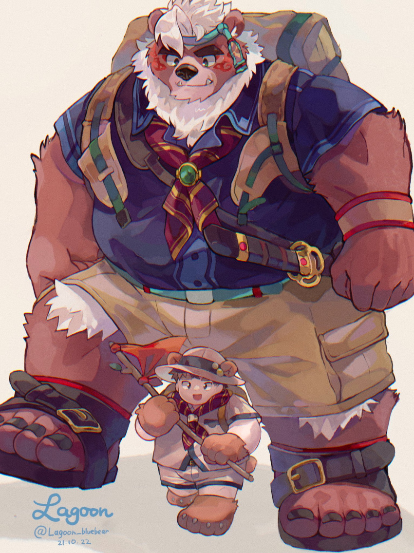 2021 anthro backpack bottomwear brown_body chubby_protagonist_(tas) clothing cute_fangs duo hi_res human humanoid_hands kemono kimun_kamui_(tas) lagoon_bluebear lifewonders male mammal overweight overweight_male protagonist_(tas) shirt shorts simple_background size_difference tokyo_afterschool_summoners topwear ursid video_games white_background