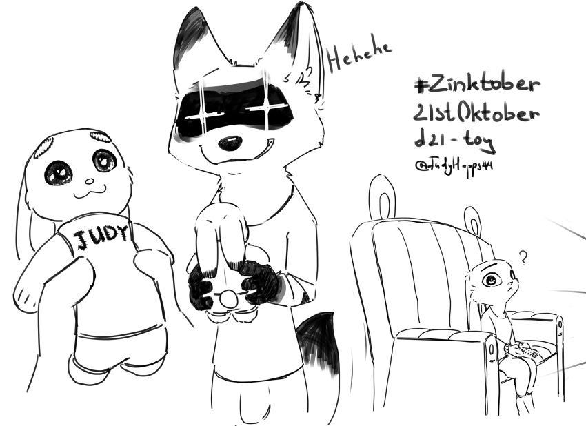 anthro bottomwear canid canine clothed clothing digital_media_(artwork) disney duo evil_grin fox fully_clothed furniture hi_res holding_object inktober inktober_2021 judyhopps44 lagomorph leporid mammal monochrome nick_wilde pants plushie rabbit red_fox shirt simple_background sitting smile sofa topwear voodoo voodoo_doll white_background zootopia