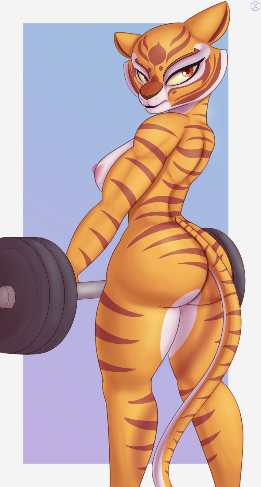 absurd_res anthro areola barbell breasts butt digital_media_(artwork) dreamworks exercise felid female hi_res kung_fu_panda looking_at_viewer mammal master_tigress nexcoyotlgt nipples nude pantherine simple_background solo tiger weightlifting weights workout