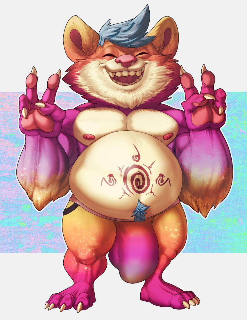 2021 4_fingers 4_toes absurd_res anthro arm_tuft barefoot belly belly_tattoo big_belly big_biceps big_bulge big_calves big_deltoids big_nose big_pecs big_quads blue_background blue_pseudo_hair blue_pubes bristol brown_face bulge canid canine cheek_tuft chin_tuft chubby_anthro chubby_male claws clothed clothed_anthro clothed_male clothing colored digital_drawing_(artwork) digital_media_(artwork) ear_tuft elbow_tufts eyes_closed facial_tuft feet fingers fluffy front_view gesture gradient_arms gradient_body gradient_face gradient_fur gradient_legs green_background happy head_tuft hi_res huge_bulge humanoid_hands male mammal multicolored_clothing multicolored_face multicolored_legs multicolored_thong multicolored_underwear muscular muscular_anthro muscular_male nipples open_mouth open_smile orange_clothing orange_face orange_legs orange_thong orange_underwear pawpads pecs pink_inner_ear pink_mouth pink_nipples pink_nose pink_pawpads pink_tongue plantigrade pseudo_hair purple_background purple_clothing purple_face purple_feet purple_fingers purple_hands purple_legs purple_neck purple_thong purple_toes purple_underwear raccoon_dog red_tattoo shaded short_anthro short_male simple_background skimpy smile smiling_at_viewer tan_belly tan_chest tan_ears tan_face tanuki tattoo thong tight_clothing toes tongue topless topless_anthro topless_male tuft two_tone_arms two_tone_clothing two_tone_thong two_tone_underwear underwear v_sign white_background white_claws yellow_arms yellow_legs