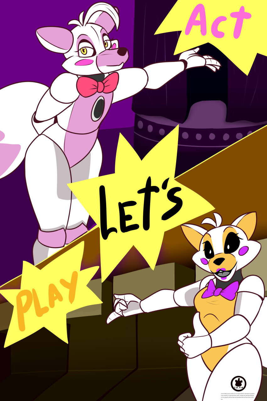 2021 2:3 absurd_res animatronic arcade_machine arm_flex black_eyes canid canine clothing duo female five_nights_at_freddy's five_nights_at_freddy's_world fox funtime_foxy_(fnaf) fur gesture hair hand_behind_back happy hi_res humanoid legwear letterbox lipstick lolbit_(fnaf) looking_at_viewer machine makeup male male/female mammal orange_background outstretched_arm outstretched_hand pink_background pink_bow_tie pink_cheeks pointing pointing_back pointing_to_the_side poster purple_bow_tie purple_cheeks purple_lipstick robot simple_background sister_location speaker stage stage_curtains thigh_highs thumbs_up twtr video_games white_body white_fur white_hair white_tail yellow_eyes
