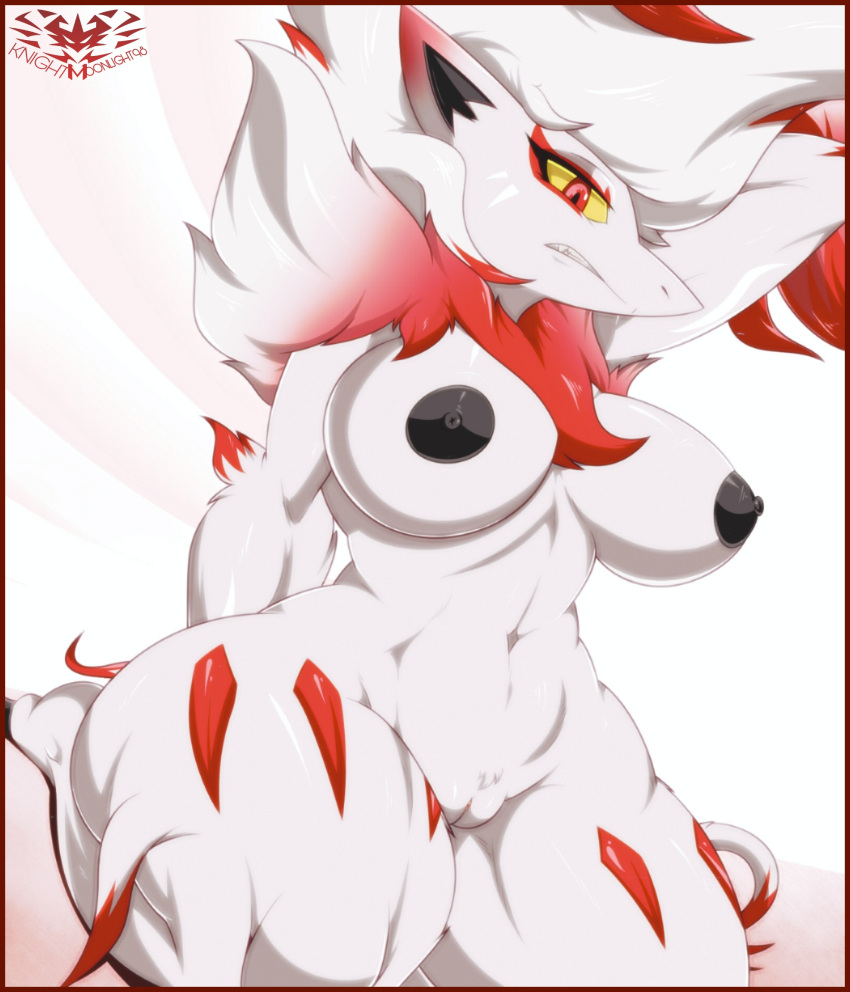 anthro areola big_breasts breasts female fur genitals hi_res hisuian_zoroark knightmoonlight98 looking_at_viewer multicolored_body multicolored_fur navel nintendo nipples nude pok&eacute;mon pok&eacute;mon_(species) pok&eacute;morph pokemon_legends_arceus pussy regional_form_(pok&eacute;mon) solo thick_thighs two_tone_body two_tone_fur video_games white_body white_fur wide_hips