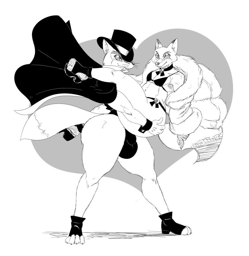 "honest"_john_foulfellow 2021 a-side anthro big_bulge big_butt bikini bulge butt canid canine cape clothing collar disney duo fox fur fur_coat genitals girly hat headgear headwear hi_res high_heels lifting looking_at_viewer male male/male mammal monochrome nick_wilde penis pinocchio swimwear thick_thighs whiskers wristband zootopia