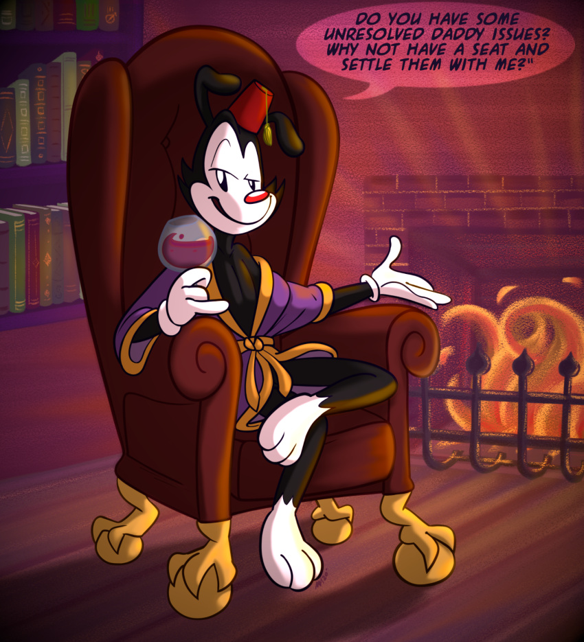 alcohol animaniacs annie-mae anthro beverage black_eyes bookshelf building chair clothed clothing container crossed_legs cup detailed_background dialogue drinking_glass english_text fire fireplace furniture gesture glass glass_container glass_cup gloves grin half-closed_eyes handwear hat headgear headwear hi_res holding_object house humor inkblot inside looking_at_viewer male narrowed_eyes red_nose robe sitting smile smirk smug smug_face smug_grin solo suggestive suggestive_dialogue suggestive_look talking_to_viewer text warner_brothers wine wine_glass yakko_warner