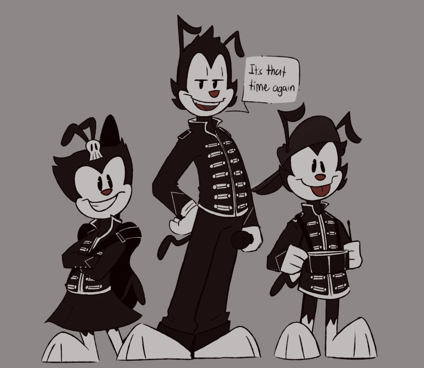 2021 animaniacs anthro black_and_white_fur clothed clothing dot_warner female grey_background group hat headgear headwear hi_res inkblot looking_at_viewer male my_chemical_romance psshtstudios red_nose simple_background smile text the_black_parade uniform wakko_warner warner_brothers yakko_warner