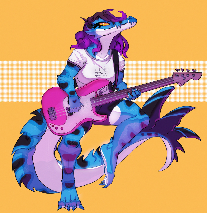 4_toes 5_fingers alligator alligatorid anthro blue_body blue_scales breasts clothed clothing crocodilian feet female fingers fivel hair hi_res non-mammal_breasts purple_hair reptile scales scalie solo toes