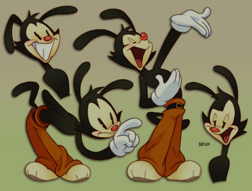 animaniacs anthro belt bending black_eyes blush bottomwear clothed clothing english_text eyes_closed gloves half-closed_eyes handwear happy hi_res inkblot male narrowed_eyes pants partially_clothed red_nose roachgore simple_background smile smug smug_face smug_grin solo standing text warner_brothers yakko_warner