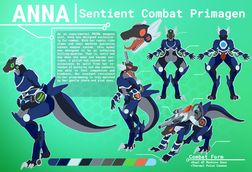 anna_(estal_oreco) anthro armor artificial_intelligence bearing_teeth english_text female gun machine_gun primagen ranged_weapon raunchyhaunches solo text weapon