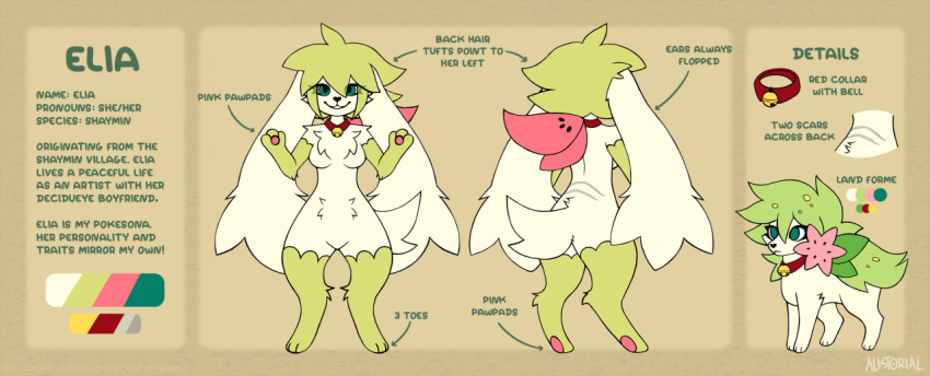 alistorial anthro bell bell_collar breasts collar digital_media_(artwork) elia_(alistorial) english_text featureless_breasts featureless_crotch female feral flower fur green_body green_eyes green_fur hair land_forme_shaymin legendary_pok&eacute;mon looking_at_viewer mammal model_sheet nintendo pawpads paws plant pok&eacute;mon pok&eacute;mon_(species) shaymin simple_background sky_forme_shaymin smile solo standing text video_games watermark white_body white_fur