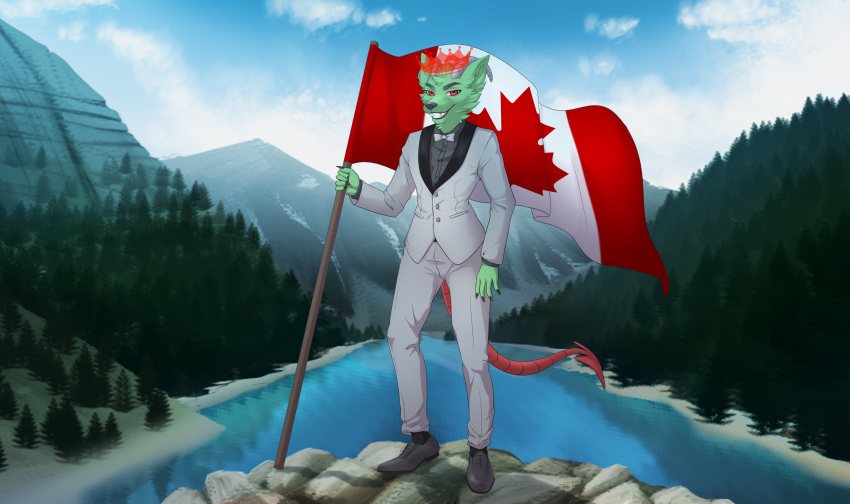 5_fingers anonymous_artist anthro canada canada_day canadian canadian_flag claws clothed clothing crown fingers flag footwear fur green_body green_fur grin hi_res horn humanoid leotoefinger looking_at_viewer male mountain outside plant red_eyes river smile solo standing tree