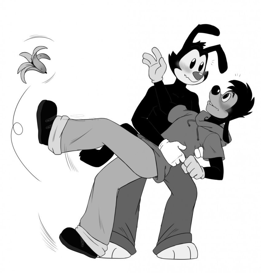 animaniacs anthro banana_peel black_eyes black_nose blush bottomwear canid canine canis clothed clothing disney domestic_dog duo eye_contact footwear gloves goof_troop handwear hi_res holding_person inkblot looking_at_another male male/male mammal max_goof monochrome nervous nervous_smile pants shirt shoes simple_background smile standing surprise surprised_expression surprised_face surprised_look tejedora713joker topwear warner_brothers white_background yakko_warner