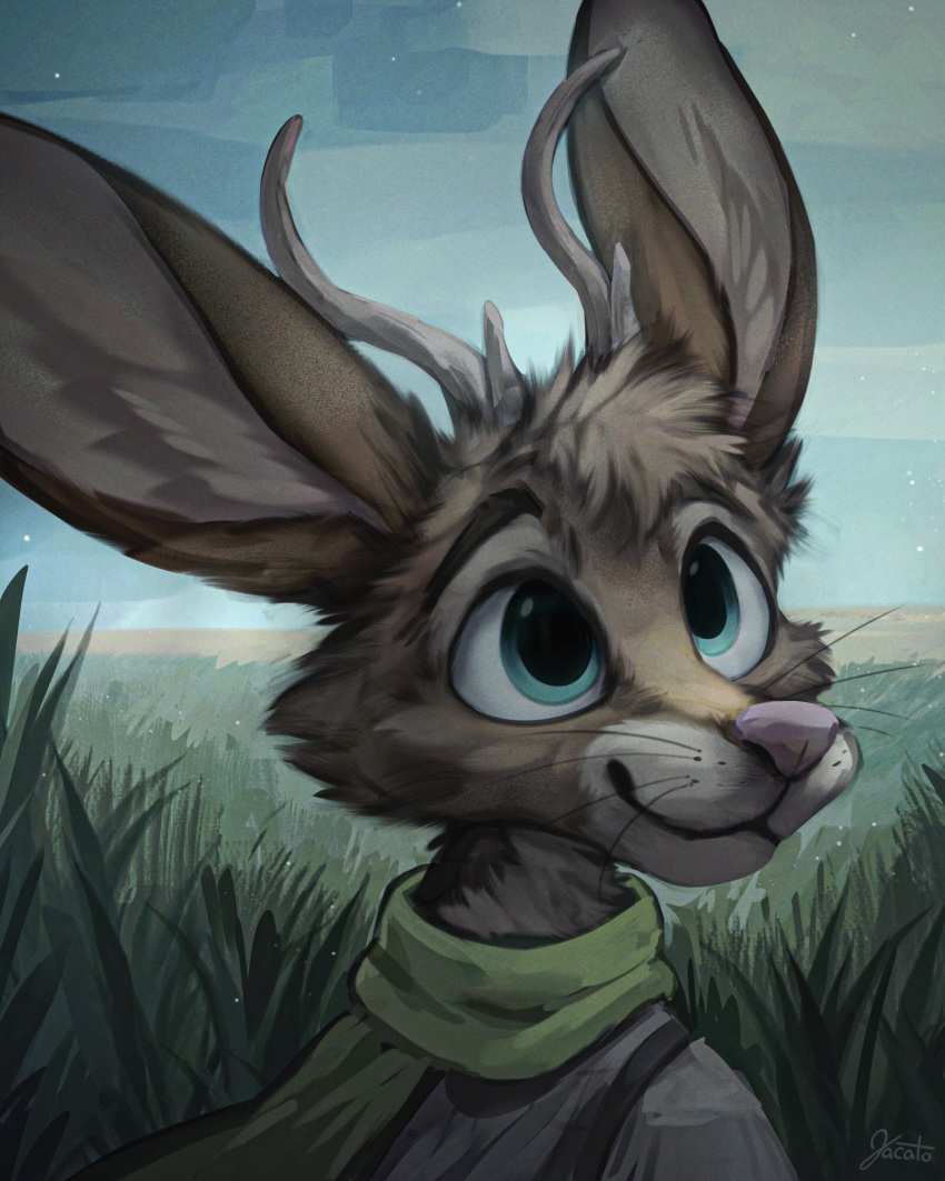 2021 4:5 anthro antlers big_ears blue_eyes blue_sky brown_body brown_fur bust_portrait cheek_tuft clothing cloud detailed_background digital_media_(artwork) ellie_the_hare eyebrows facial_tuft female field fur grass green_scarf head_tuft hi_res horn inner_ear_fluff jacato jackalope lagomorph looking_up mammal outside pink_nose plant portrait scarf signature sky smile solo tall_grass tan_inner_ear_fluff topwear tuft whisker_spots whiskers