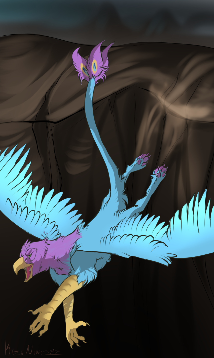 3:5 absurd_res avian beak bird bird_feet blue_body cliff feathered_wings feathers feral flying galliform green_eyes gryphon gyro_feather hi_res kizunova male mythological_avian mythology paws peafowl phasianid pink_body quadruped solo spread_wings tail_tuft tuft wings