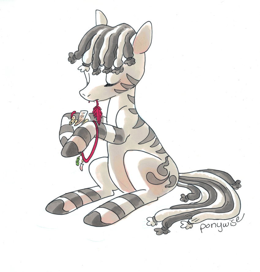 accessory cutie_mark equid equine eyes_closed fan_character feathers feral hair_accessory hair_tie hasbro hi_res jewelry male mammal my_little_pony necklace ruzeth sitting solo stripes uglyfun working zebra