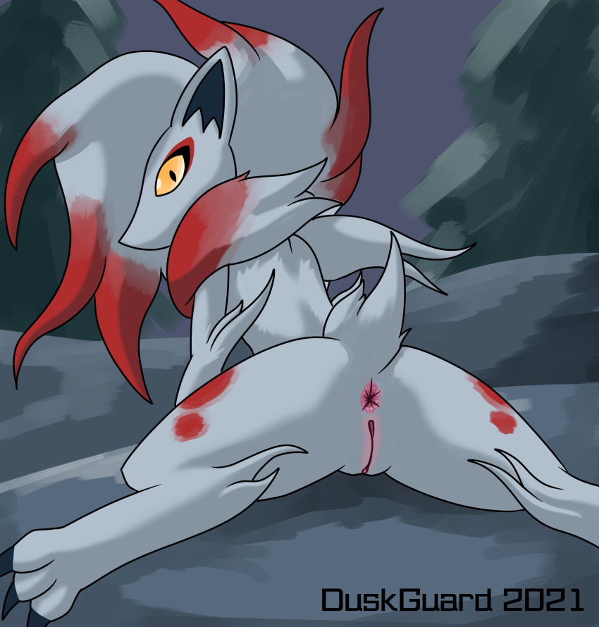 anus butt claws duskguard female feral fur genitals hi_res hisuian_zoroark looking_at_viewer looking_back nintendo pok&eacute;mon pok&eacute;mon_(species) pokemon_legends_arceus presenting presenting_anus presenting_hindquarters presenting_pussy pussy rear_view red_body red_fur regional_form_(pok&eacute;mon) solo sploot spread_legs spreading video_games white_body white_fur yellow_eyes