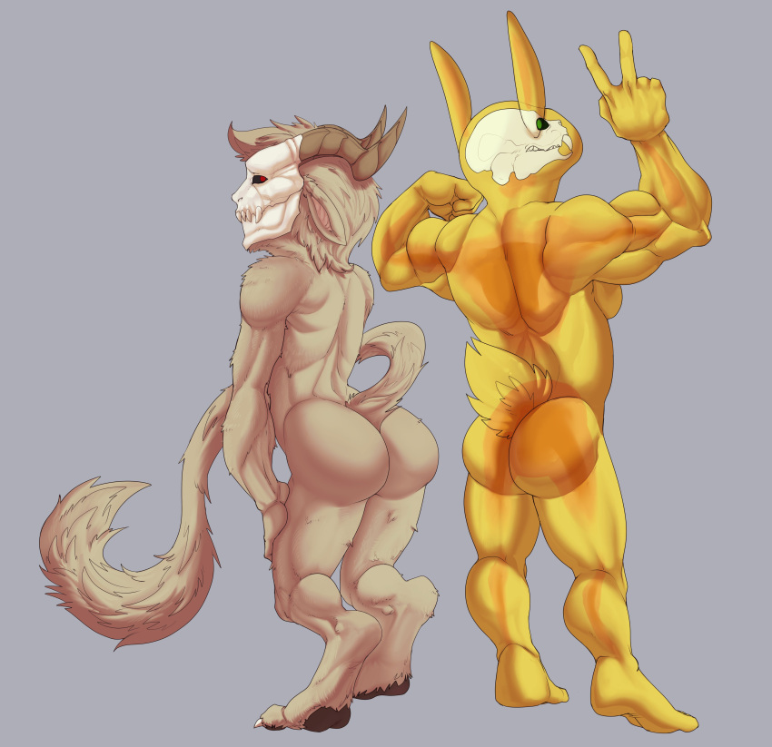 2021 5_fingers absurd_res anthro athletic athletic_anthro athletic_male bedroom_eyes big_butt big_deltoids big_muscles big_triceps black_pawpads black_sclera bristol butt butt_size_difference closed_smile colored digital_drawing_(artwork) digital_media_(artwork) digitigrade duo fingers fluffy fluffy_tail full-length_portrait fur gesture green_eyes green_sclera grey_arms grey_back grey_background grey_body grey_butt grey_ears grey_fingers grey_fur grey_hands grey_horn grey_neck grey_tail half-closed_eyes hand_on_leg hi_res horn huge_biceps huge_muscles huge_pecs humanoid humanoid_hands looking_at_viewer looking_back looking_back_at_viewer male male/male manly mask mostly_nude_anthro mostly_nude_male muscular muscular_humanoid muscular_male narrowed_eyes no_pupils nude_humanoid pawpads plantigrade portrait presenting presenting_hindquarters rear_view red_eyes seductive shaded sharp_teeth simple_background skull_mask smile smiling_at_viewer standing suggestive_pose tail_tuft teeth translucent translucent_body tuft v_sign white_inner_ear white_mask yellow_arms yellow_back yellow_body yellow_butt yellow_ears yellow_face yellow_feet yellow_fingers yellow_hands yellow_legs yellow_neck yellow_tail yellow_toes