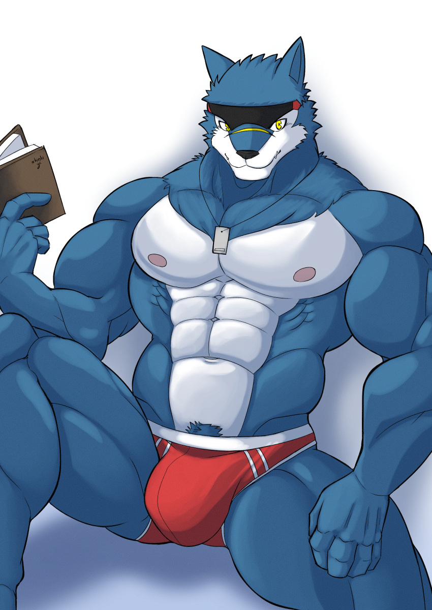 abs absurd_res anthro bandai_namco bulge clothing digimon digimon_(species) dog_tags eyewear eyewear_on_head hi_res machgaogamon male muscular muscular_anthro muscular_male nipples pecs pubes shinobiya solo sunglasses sunglasses_on_head underwear