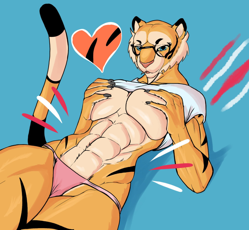 &lt;3 abs anthro blue_background breasts clothing covering covering_breasts eyewear f_draws felid female fur glasses hi_res holding_breast looking_at_viewer lu_(f_draws) lying mammal muscular muscular_female muscular_thighs on_back orange_body orange_fur pantherine shirt_up simple_background smile solo stripes tiger underwear