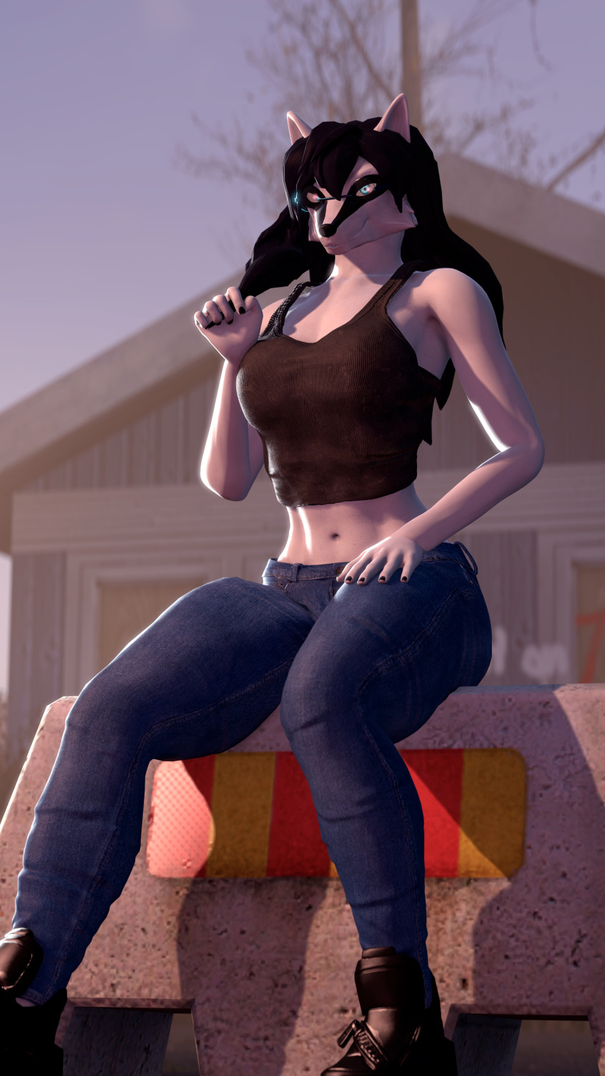 3d_(artwork) 4k 9:16 absurd_res anthro black_hair blue_eyes bottomwear canid canine canis carceri_gundyr_(ludexus) clothing denim denim_clothing digital_media_(artwork) eyewear female glasses hair hi_res house_background jeans long_hair ludexus mammal muscular muscular_anthro muscular_female neighborhood pants solo source_filmmaker top_(disambiguation) white_body white_skin wolf