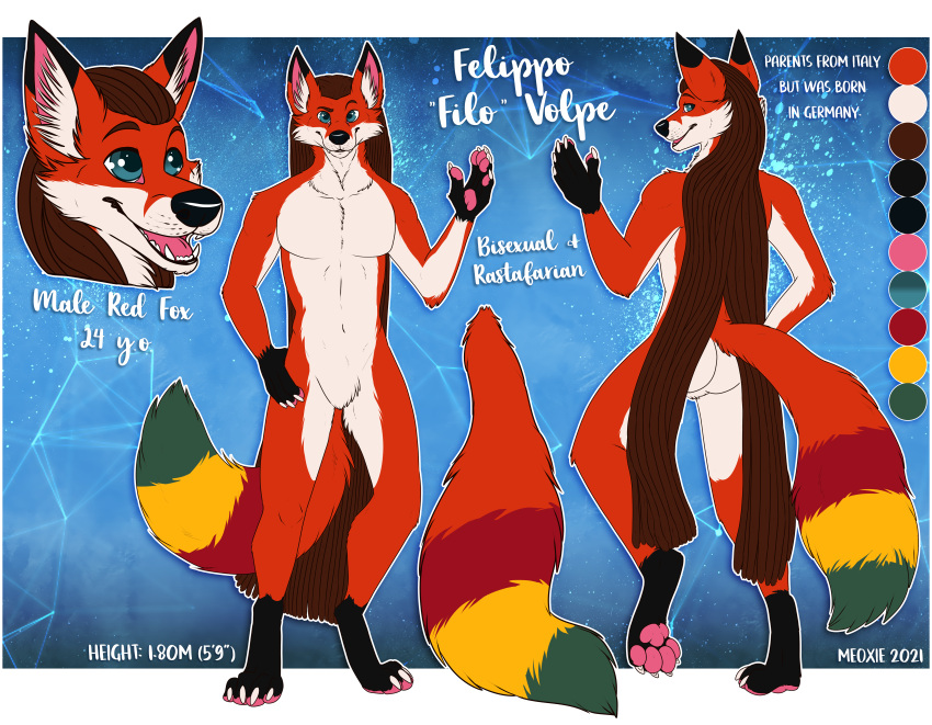 absurd_res anthro bisexual butt canid canine digitigrade dreadlocks english_text featureless_crotch female filo_volpe fox fur hi_res inner_ear_fluff male mammal markings meoxie model_sheet multicolored_body multicolored_fur paws rastafarian solo tail_markings text tuft