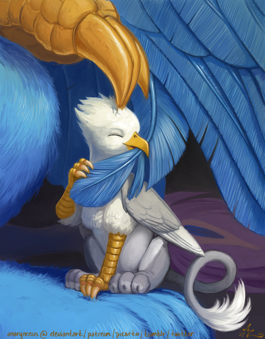 amarynceus avian beak bird_feet blue_body der duo eyes_closed feather_preening feathered_wings feathers feral gryphon gyro_feather head_scratch hi_res male mythological_avian mythology paws personal_grooming pink_body quadruped social_grooming tail_tuft tuft wings