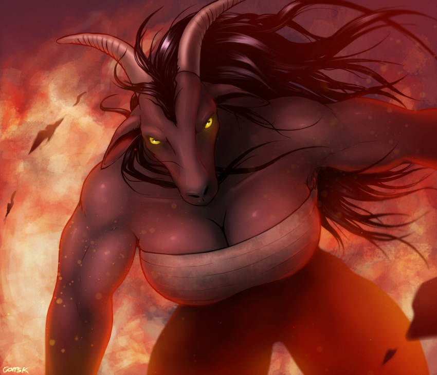anthro big_breasts black_body black_fur bovid breasts caprine chest_wraps cleavage clothed clothing corrsk digital_media_(artwork) female fire fur goat hair halloween hi_res holidays horn long_hair looking_at_viewer mammal muscular muscular_anthro muscular_female solo topwear wraps
