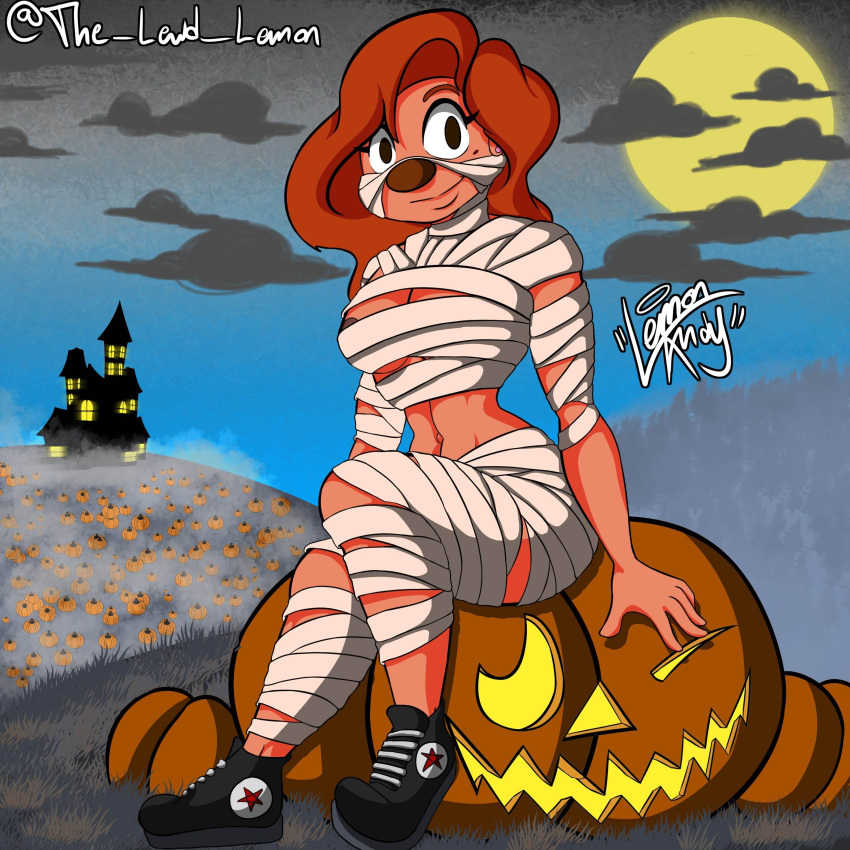 1:1 absurd_res anthro beauty_mark breasts cel_shading clothing disney female food footwear fruit full_moon goof_troop halloween halloween_costume halloween_pumpkin hi_res holidays jack-o'-lantern lemon_andy looking_at_viewer moon mummy_costume mummy_wrappings nipple_slip plant pumpkin roxanne_(goof_troop) shaded shoes simple_background simple_coloring simple_shading sitting solo the_lewd_lemon under_boob