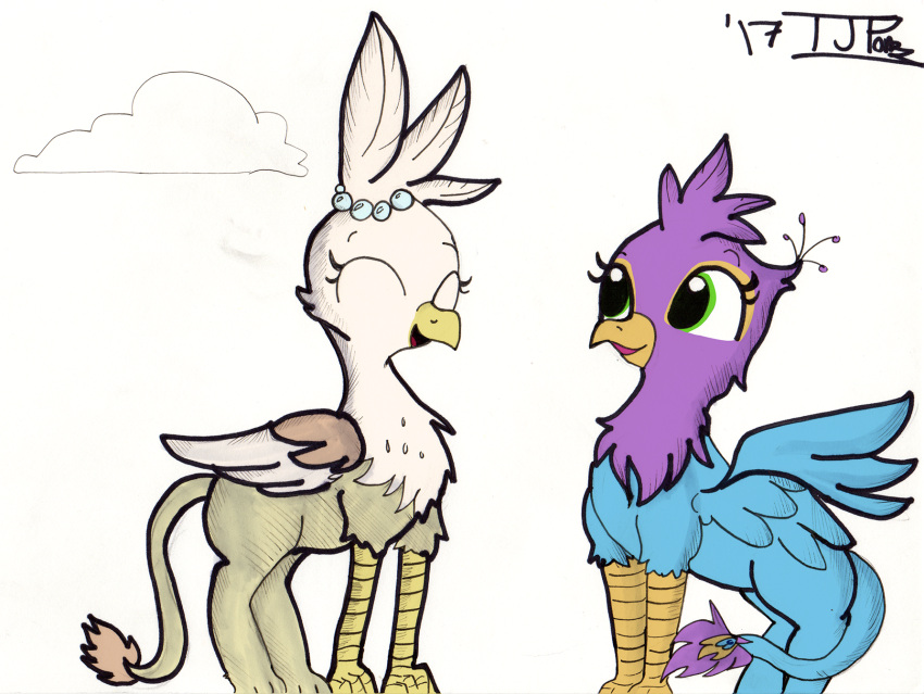 avian beak bird bird_feet blue_body duo eyelashes feathered_wings feathers female feral galliform green_eyes gryphon gryphon_wife gyro_feather gyrotech hi_res male mythological_avian mythology paws peafowl phasianid pink_body quadruped tail_tuft tjpones tuft wings