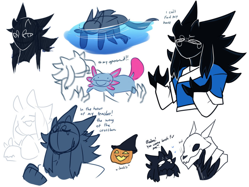 2021 3_fingers 4:3 5_fingers amphibian anthro axolotl bailey_(xtaka_samax) big_eyes black_body black_eyes black_fingers black_fur black_hands blue_clothing blue_shirt blue_topwear bodily_fluids bone clothed_anthro clothed_male clothing colored digital_drawing_(artwork) digital_media_(artwork) english_text eyes_closed fan_character feral fingers fist flat_colors fur grey_body grey_scales happy hat headgear headwear hi_res humanoid_hands jack'o_(xtoka_samax) living_scarecrow looking_at_viewer microsoft minecraft mojang mole_salamander multicolored_body multicolored_clothing multicolored_scales multicolored_shirt multicolored_topwear no_pupils no_sclera open_mouth open_smile pink_body pink_scales pumpkin_head salamander_(amphibian) scales shirt simple_background skull skull_head smile tears text toki_(xtoka_samax) toony topwear two_tone_body two_tone_clothing two_tone_scales two_tone_shirt two_tone_topwear video_games white_background white_clothing white_shirt white_topwear witch_hat xbox_game_studios xtoka_samax yelling yellow_eyes yellow_mouth