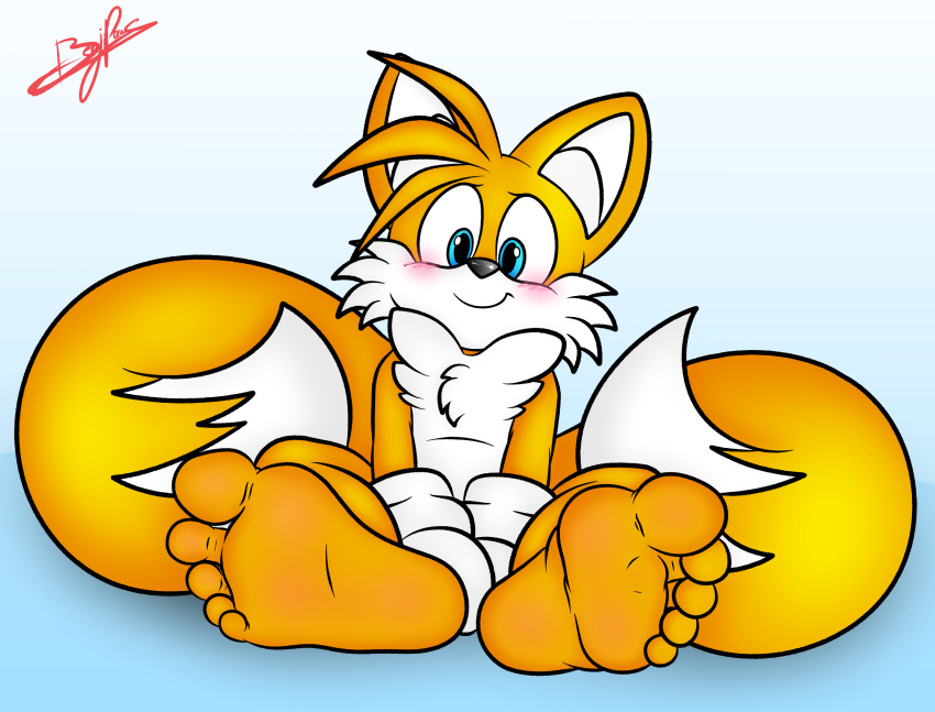 5_toes anthro barefoot benjipaws canid canine clothing feet foot_focus fox gloves handwear hi_res humanoid_feet looking_at_viewer male mammal miles_prower mostly_nude plantigrade sega sitting soles solo sonic_the_hedgehog_(series) toes