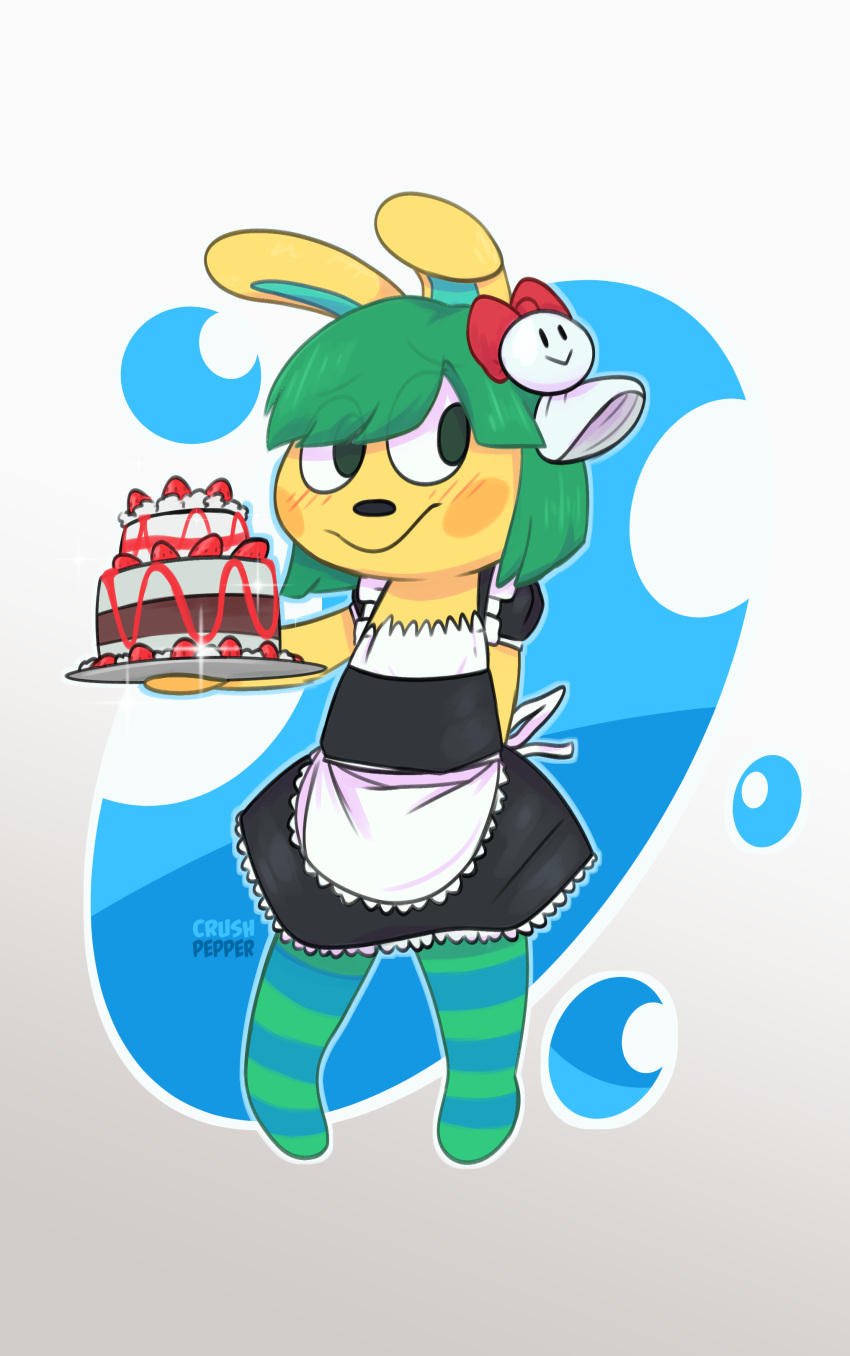 absurd_res animal_crossing anthro cake clothed clothing crossdressing crushpepper dessert embarrassed food fur green_hair hair hi_res lagomorph leporid looking_away maid_uniform male mammal nintendo rabbit sanrio solo stripe_stocking tagme toby_(animal_crossing) uniform video_games yellow_body yellow_fur