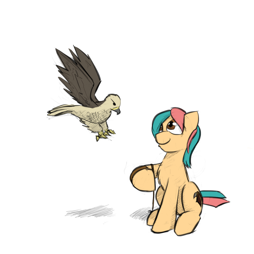 1:1 aerie_rufter avian bird blue_body brown_body brown_eyes captainhoers duo earth_pony equid equine falcon falconid female feral gyrotech hasbro hi_res horse mammal my_little_pony pink_body pony yellow_body