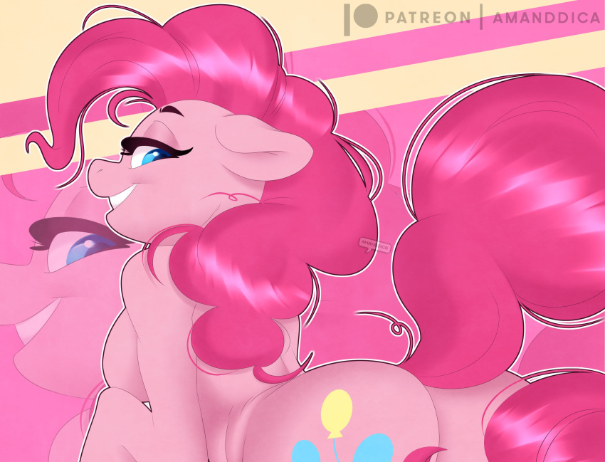 2021 amanddica anthro blowup_background blue_eyes breasts butt cutie_mark ears_down earth_pony equid equine eyebrows eyelashes female floppy_ears friendship_is_magic fur hair hasbro hi_res horse looking_at_viewer looking_back looking_back_at_viewer mammal my_little_pony nude pink_body pink_fur pink_hair pink_tail pinkie_pie_(mlp) pivoted_ears pony simple_background smile solo