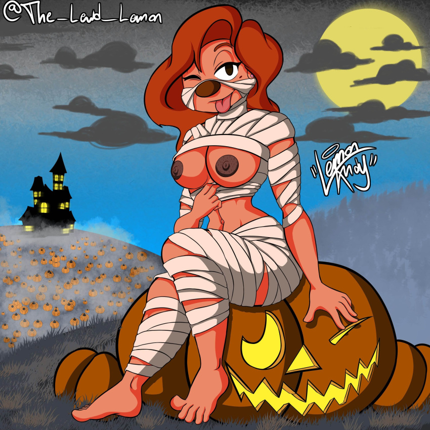 1:1 absurd_res anthro barefoot breasts cel_shading disney exposed_breasts feet female flashing food fruit full_moon goof_troop halloween halloween_costume hi_res holidays jack-o'-lantern lemon_andy looking_at_viewer moon mummy_costume mummy_wrappings nipples one_eye_closed plant playful playful_face pulling_clothing pulling_shirt_down pumpkin roxanne_(goof_troop) shaded simple_background simple_shading sitting solo the_lewd_lemon tongue tongue_out wink