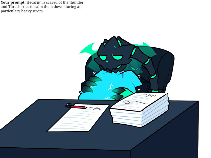 4:3 alternate_form alternate_species big_eyes black_mask colored desk digital_drawing_(artwork) digital_media_(artwork) duo english_text flat_colors front_view furniture green_body green_eyes green_hands green_pupils half-closed_eyes hecarim_(lol) hi_res league_of_legends narrowed_eyes no_sclera paper pen pupils riot_games simple_background text thresh toony video_games white_background xtoka_samax