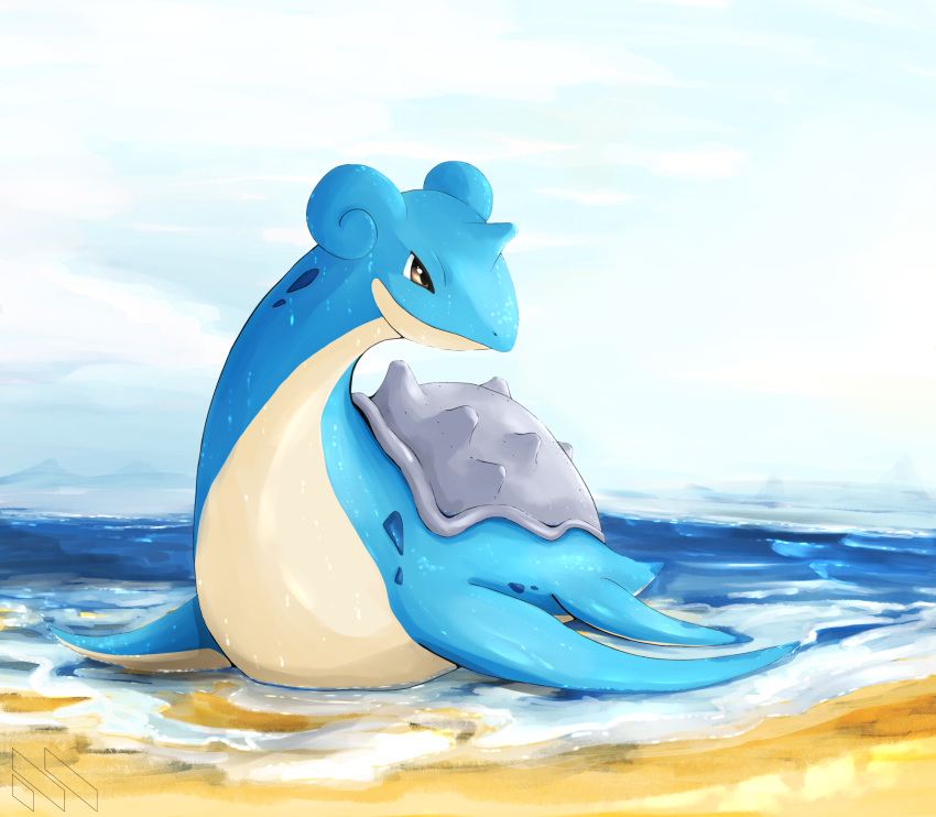 ambiguous_gender beach cloud droplets feral hi_res horn land landscape lapras mithra_(artist) mountain nintendo pok&eacute;mon pok&eacute;mon_(species) sand sea seaside signature sky solo video_games water