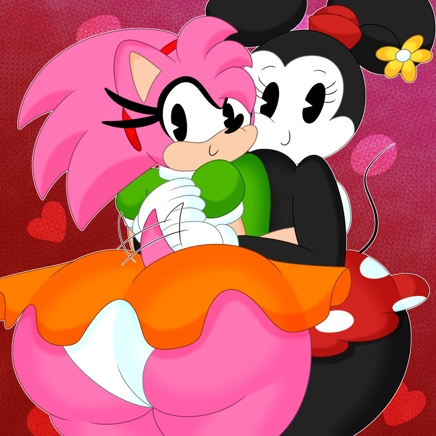 &lt;3 1:1 2021 3barts absurd_res accessory amy_rose anthro big_breasts big_butt black_body black_fur bottomwear breast_squish breasts breasts_frottage butt classic_amy_rose classic_sonic_(universe) clothed clothing curvy_figure digital_media_(artwork) disney dress duo embrace eulipotyphlan eyelashes female fingers flower_on_hat fur gloves hair handwear hat headband headgear headwear heart_background hedgehog hi_res hourglass_figure hug huge_breasts huge_butt line_tail looking_at_viewer looking_back mammal miniskirt minnie_mouse mouse multicolored_body multicolored_fur murid murine narrow_tail pac_man_eyes panties pink_body pink_fur pink_hair rear_view rodent sega simple_background simple_eyes skinny_tail skirt smile sonic_the_hedgehog_(series) squish standing tail_motion tailwag tan_body tan_fur thick_thighs topless topless_anthro topless_female two_tone_body two_tone_fur underwear voluptuous wavy_tail white_body white_fur wide_hips